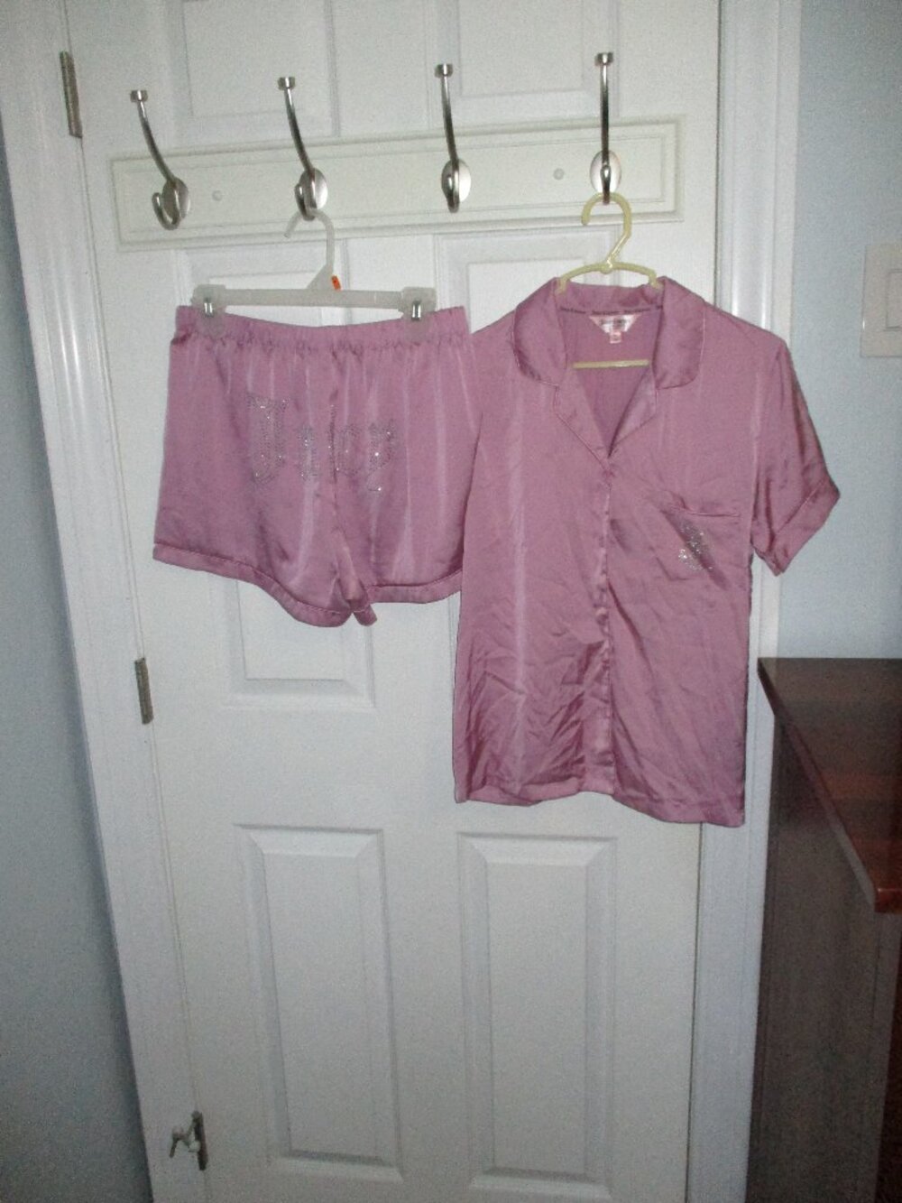 Juicy Couture Purple, Satin Shorts, Shirt Pajama Set Y2K Rhinestones, Medium